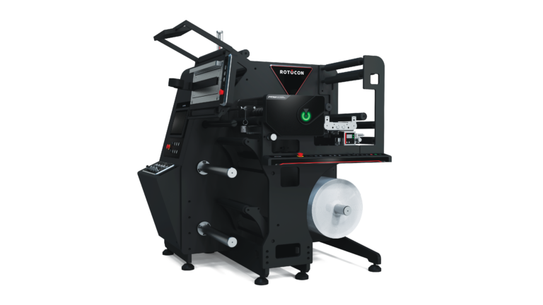 ROTOCON RSI slitting, rewinding and inspection machine with unwind and rewind rolls, angled view on white